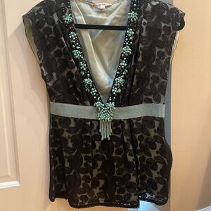 Nanette Lepore Black and Teal Embellished Blouse